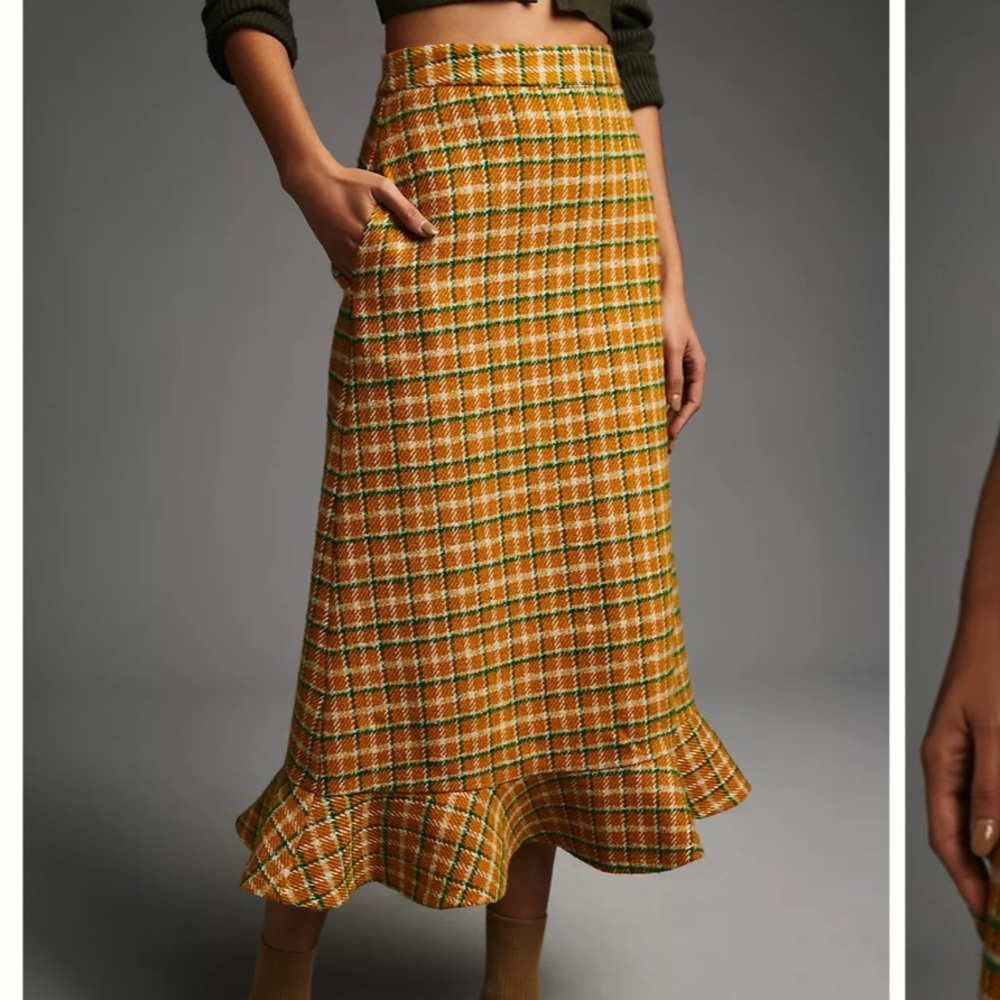 English Factory Yellow Plaid Ruffle-Hem Midi Skirt
